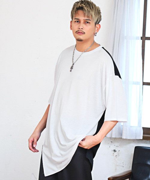 セール T R天竺切替アシンメトリー半袖tシャツ Tシャツ メンズ 半袖tシャツ ロング丈 アシンメトリー バイカラー ラグスタイル Luxstyle Magaseek