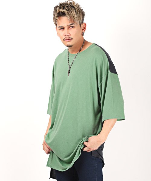 セール T R天竺切替アシンメトリー半袖tシャツ Tシャツ メンズ 半袖tシャツ ロング丈 アシンメトリー バイカラー ラグスタイル Luxstyle Magaseek
