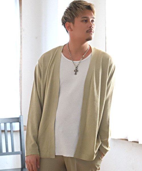 12g麻タッチ鹿の子編みボタンレスカーディガン カーディガン メンズ 麻タッチ ボタンレス 鹿の子編み ハイゲージ ラグスタイル Luxstyle Magaseek