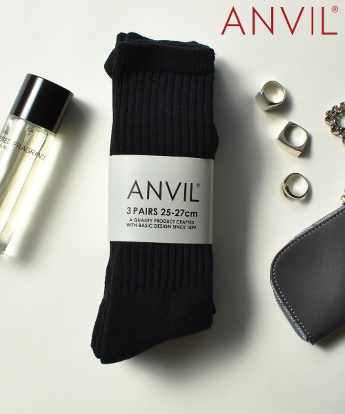 ANVIL(ANVIL)/【ANVIL】「消臭加工」パイル 3足セット 3パック クルー ソックス 靴下  /3P Crew Socks/ANS050 アンビル アンヴィル/ブラック 
