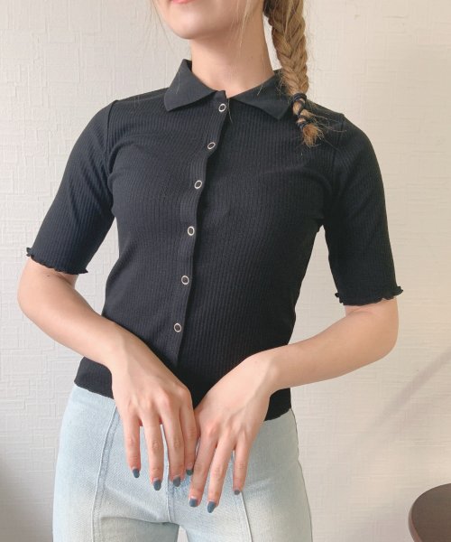 aimoha(aimoha（アイモハ）)/韓国風ポロシャツニット 韓国ファッション ハイウエスト/ブラック