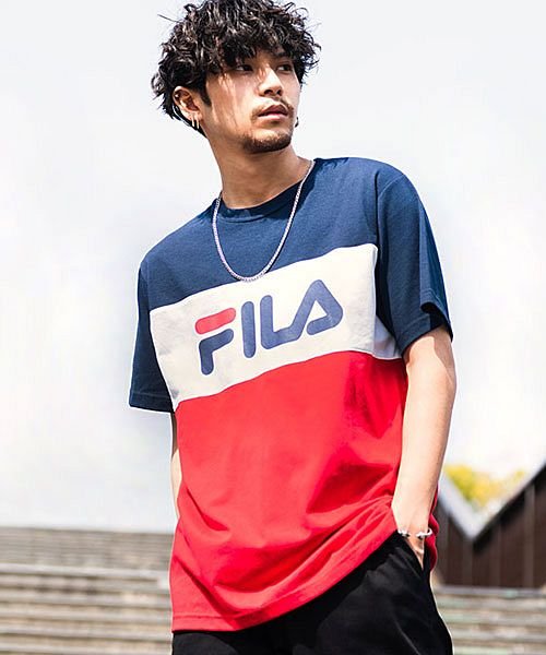 Fila 配色切り替えロゴプリントクルーネック半袖tシャツ フィラ メンズ トップス ストリート系 カジュアル カジュアル カットソー スポーツ 原宿 フィラ Fila Magaseek