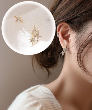 shoppinggo/ピアス 星 キラキラ ビジューピアス アシンメトリー 大ぶり左右非対称 かわいい お洒落 輝く小顔効果/504627452