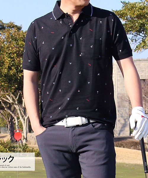 ポロシャツ ゴルフ メンズ ゴルフウェア マリン柄 ロゴ総柄 速乾ドライ 鹿の子 ストレッチ 半袖 トップス スポーツウェア 大きいサイズあり 新作 トップイズム Topism Magaseek