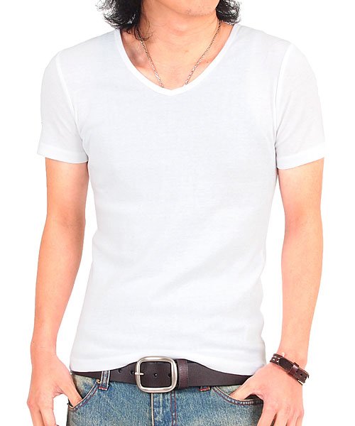 TopIsm(トップイズム)/Tシャツ メンズ 半袖 7分袖 Vネック スリム 無地 コットン ストレッチ 大きいサイズ/ホワイト