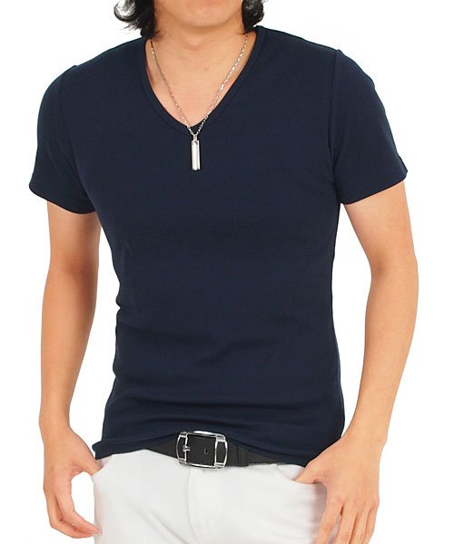 TopIsm(トップイズム)/Tシャツ メンズ 半袖 7分袖 Vネック スリム 無地 コットン ストレッチ 大きいサイズ/ネイビー