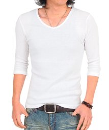 TopIsm(トップイズム)/Tシャツ メンズ 半袖 7分袖 Vネック スリム 無地 コットン ストレッチ 大きいサイズ/ホワイト系1