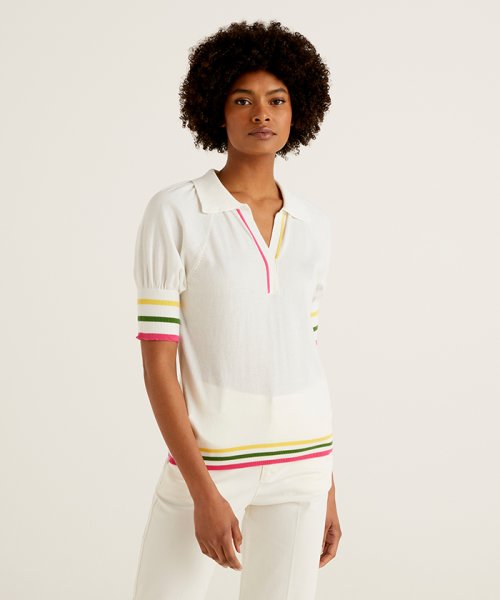BENETTON (women)(ベネトン（レディース）)/カラースリーブ半袖ニットポロシャツ/オフホワイト