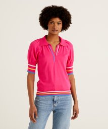 BENETTON (women)(ベネトン（レディース）)/カラースリーブ半袖ニットポロシャツ/ピンク