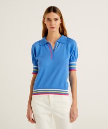 BENETTON (women)(ベネトン（レディース）)/カラースリーブ半袖ニットポロシャツ/ブルー