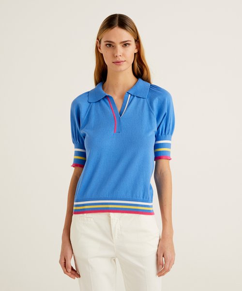 BENETTON (women)(ベネトン（レディース）)/カラースリーブ半袖ニットポロシャツ/ブルー