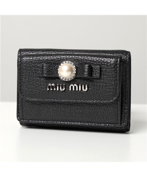 MIUMIU(ミュウミュウ)/【MIUMIU(ミュウミュウ)】三つ折り財布 5MH021 2F3R レディース レザー ミニ財布 パール リボン /ブラック