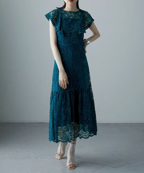 フリルスリーブ ラッセルレースドレス 結婚式 ワンピース レディース サテンキャミソール セット コードレース フリル袖 ウエストゴム 半袖 オケージョンワンピ エトル Etoll Magaseek