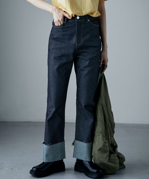 リジットデニムロールアップストレートパンツ ボトムス パンツ デニム Gパン ジーパン ジーンズ 生デニム ストレート インディゴ ワンウォッシュ 長ズボン ス エトル Etoll Magaseek