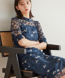 niana(ニアナ)/結婚式 ワンピース パーティードレス レース 総レース 刺繍 ロング丈 袖あり 半袖 5分袖 ハイネック ボトルネック シアー レトロ アンティーク ロングドレ/ダークブルー