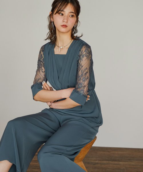 結婚式 オールインワン パーティードレス ワイドパンツ パンツドレス レース袖 七分袖 タック 切り替え ロング丈 袖あり Vネック ロングパンツ オケージョン ニアナ Niana Magaseek