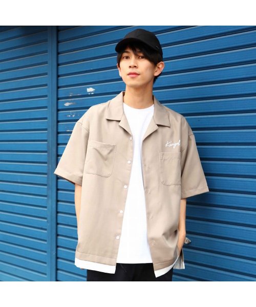 MAC HOUSE(men)(マックハウス（メンズ）)/KANGOL カンゴール フェイクレイヤードオープンカラーシャツ KPMC－10249/グレージュ