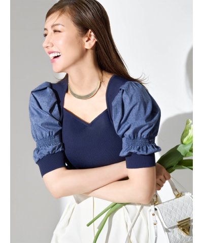 CELFORD／袖シャーリングスクエアニットプルオーバー／504638009