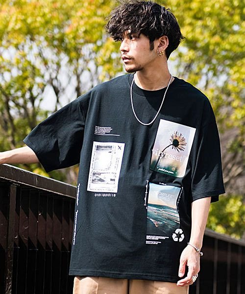Cavaria デコレーションフォトプリントクルーネック半袖ビッグtシャツ メンズ ブランド 大人 ファッション バックプリント ビッグシルエット 写真 ロゴ キャバリア Cavaria Magaseek