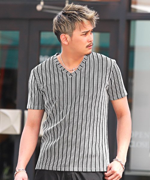 セール オルタネートストライプ柄vネック半袖tシャツ Tシャツ 半袖 メンズ Vネック ストライプ 総柄 ラグスタイル Luxstyle Magaseek