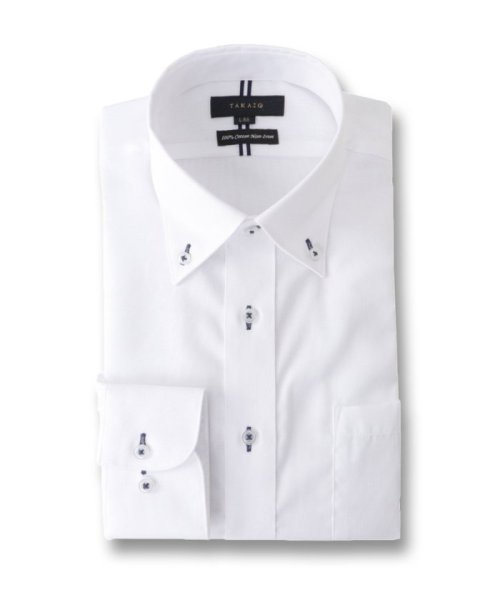TAKA-Q(タカキュー)/綿100％ ノーアイロン スタンダードフィット ボタンダウン 長袖 シャツ メンズ ワイシャツ ビジネス ノーアイロン 形態安定 yシャツ 速乾/ホワイト