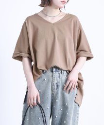 osharewalker(オシャレウォーカー)/『汗ジミ防止ゆるっとVネックTシャツ』Tシャツ レディース 春夏 半袖 カットソー  無地 五分袖 七分袖 綿100% コットン シンプル 着回し 汗ジミ防止/モカ