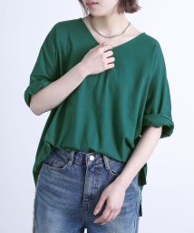 osharewalker(オシャレウォーカー)/『汗ジミ防止ゆるっとVネックTシャツ』Tシャツ レディース 春夏 半袖 カットソー  無地 五分袖 七分袖 綿100% コットン シンプル 着回し 汗ジミ防止/グリーン