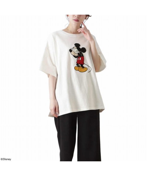 MAC HOUSE(women)(マックハウス（レディース）)/Disney ミッキー / サガラ刺繍Tシャツ 2283－7602/ホワイト