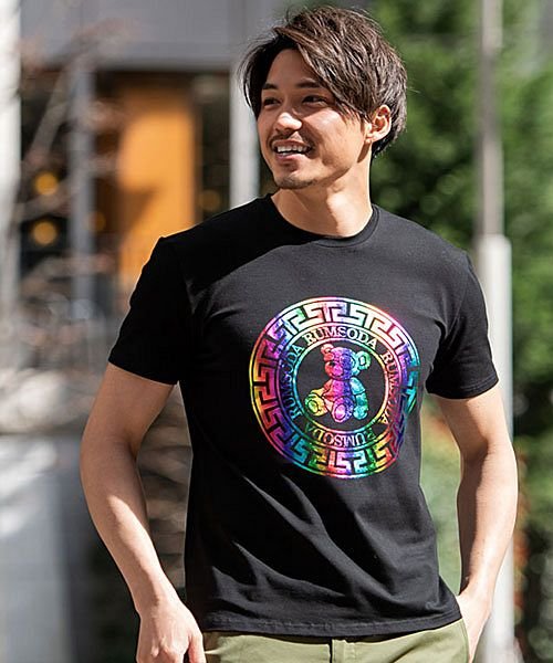 Rumsoda レインボー箔プリントクルーネック半袖tシャツメンズ ブランド おしゃれ 大人 ファッション 熊 クマ ストレッチ 細身 スリム カットソー カジ エスビーセレクト Sb Select Magaseek