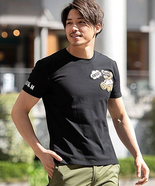 Rumsoda サガラベアワッペン付きクルーネック半袖tシャツ メンズ 半袖 ブランド カットソー クルーネック クマ くま ロゴ ワッペン 刺繍 細身 タイト エスビーセレクト Sb Select Magaseek