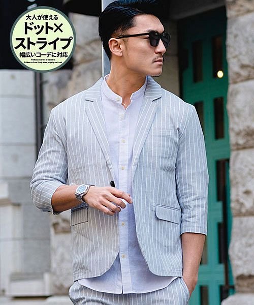 セール Cavaria ドットストライプストレッチ7分袖テーラードジャケット メンズ ブランド 大人 カジュアル ファッション ストライプ 大人 7分袖 七分袖 ライト キャバリア Cavaria Magaseek