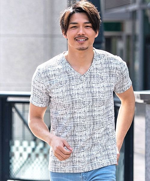 セール Cavaria モザイクチェック柄vネック半袖tシャツ メンズ 半袖 トップス カットソー Vネック おしゃれ モザイクチェック柄 シンプル 細身 タイト スト キャバリア Cavaria Magaseek