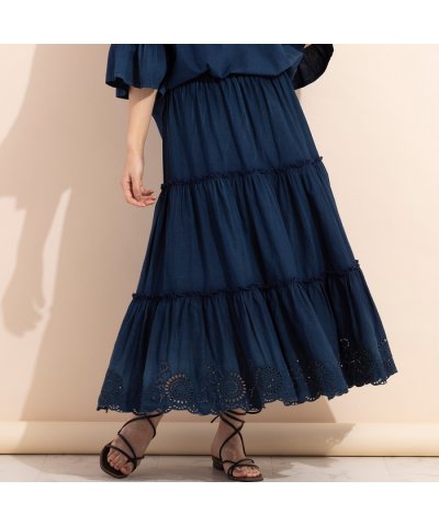 【デニムローン】マキシ丈刺繍ティアードスカート
