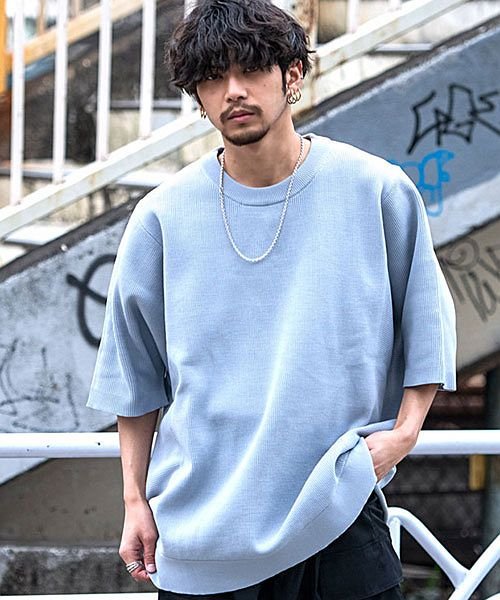 Cavaria 12g畦編みクルーネック半袖ドルマンスリーブtシャツ メンズ 薄手 ニット Tシャツ 春 夏 大きいサイズ ビッグシルエット オーバーサイズ ド キャバリア Cavaria Magaseek