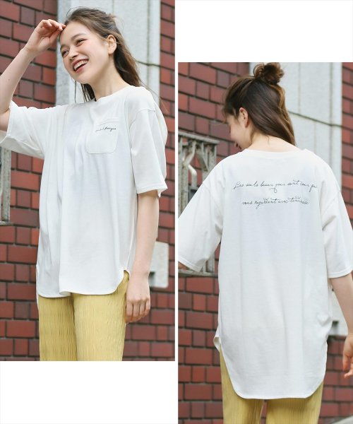 CHILLE(チル)/ポケット付き筆記体裾ラウンドTシャツ/ホワイト