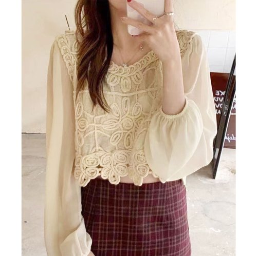 ブラウス カットソー ショート丈 刺繍 レース 韓国 ファッション カットワーク刺繍トップス フューティアランド Futier Land Magaseek