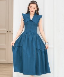 DRESS+(ドレス プラス)/ワンピース ミモレ丈 ノースリーブ ワイドカラー ウエスト切替/ブルー