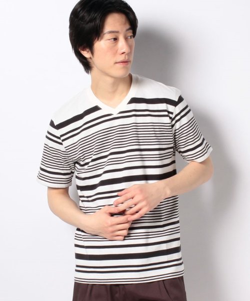 STYLEBLOCK(スタイルブロック)/先染めランダムボーダーVネック半袖Tシャツ/ホワイト×ブラック