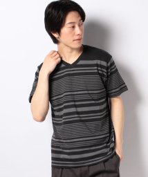 STYLEBLOCK(スタイルブロック)/先染めランダムボーダーVネック半袖Tシャツ/ブラック×チャコール