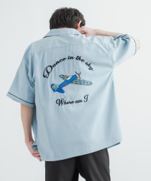 Rocky Monroe(ロッキーモンロー)/オープンカラーシャツ オーバーサイズ 開襟 半袖 メンズ レディース ボウリングシャツ ビッグシャツ リラックス ゆったり ルーズ ストレッチ 刺繍 カジュアル/サックス
