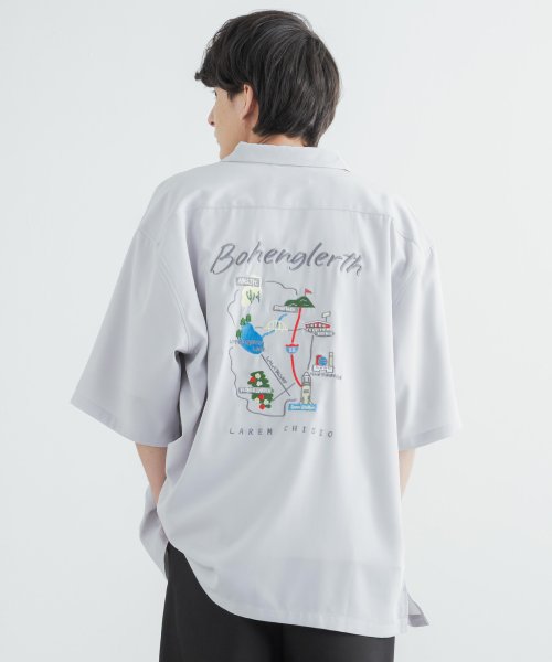 Rocky Monroe(ロッキーモンロー)/スーベニアシャツ 半袖 メンズ レディース ベトナム 刺繍 マップ ビッグシルエット オーバーサイズ カジュアル ミリタリー ストリート ワイド ボックス 地図/グレー