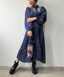 axes femme(アクシーズファム)/花刺繍ボリューム袖シャツワンピース/インディゴ