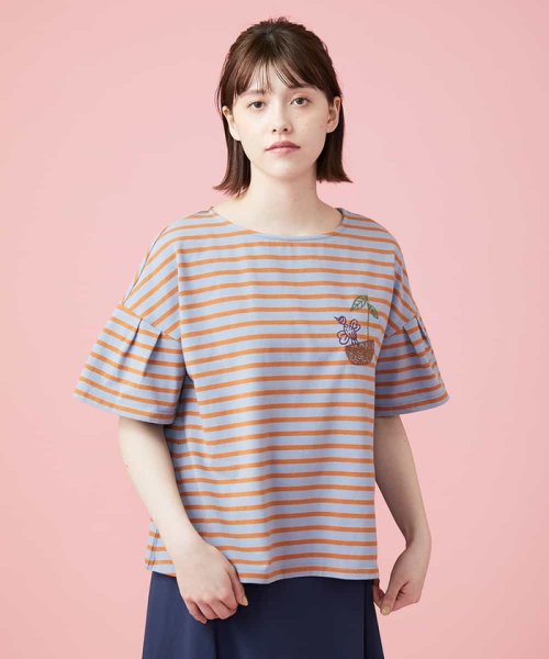 Jocomomola(ホコモモラ)/Divertida ワンポイント刺繍Tシャツ/ボーダー
