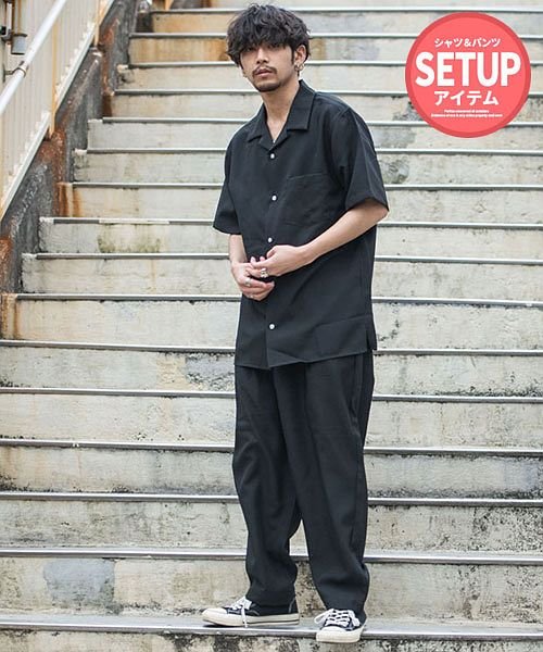 Cavaria ポリトロ素材オープンカラー半袖シャツ ワイドテーパードパンツセットアップ 上下セット メンズ 半袖シャツ 開襟シャツ 短パン ショートパンツ ポ キャバリア Cavaria Magaseek