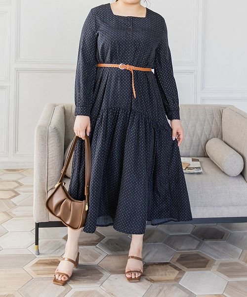 メッシュベルト付きレトロプリントワンピース クレット 大きいサイズ Clette Magaseek メッシュベルト付きレトロプリントワンピース クレット 大きいサイズ Clette Magaseek