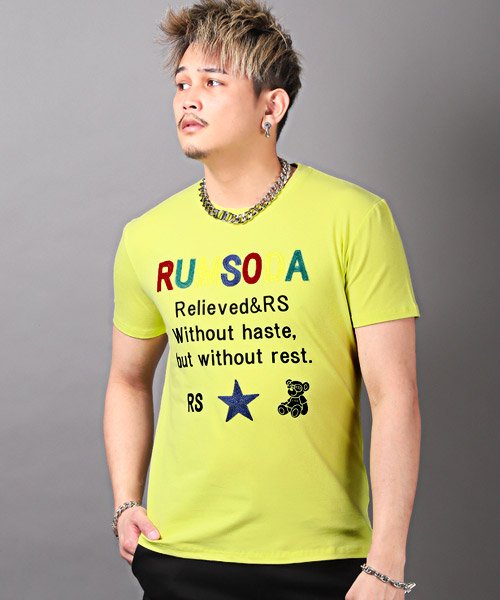 LUXSTYLE(ラグスタイル)/RUMSODA(ラムソーダ)チェーン刺繍Tシャツ/Tシャツ メンズ 半袖 チェーン刺繍 ロゴ カラフル クマ/イエロー