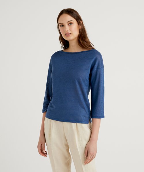 BENETTON (women)(ベネトン（レディース）)/リネンボートネック7分袖Tシャツ・カットソー/ブルー