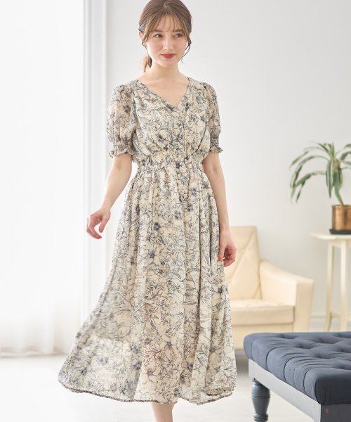 セール 飾りくるみ釦付きシャーリングフラワープリントワンピース トッコクローゼット Tocco Closet Magaseek