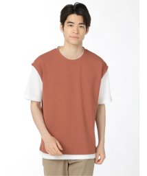 TAKA-Q(タカキュー)/梨地ポンチ フェイクレイヤード クルーネック 半袖 メンズ Tシャツ カットソー カジュアル インナー ビジネス ギフト プレゼント/キャメル