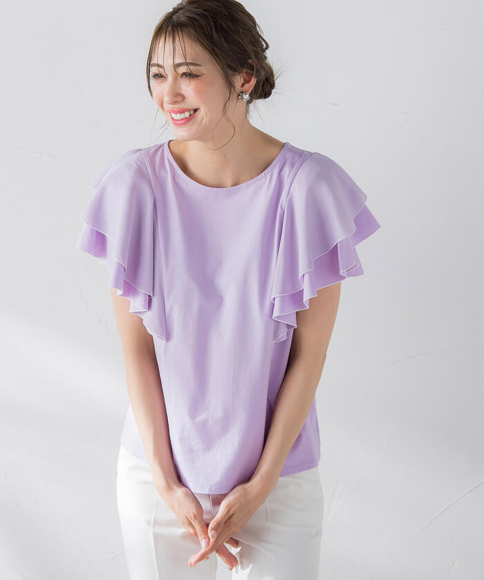 100 品質保証 Queens Court 配色袖フリルプルオーバー 手洗い可能 クイーンズコート 長袖 カラー グリーン Reflect Com Pl